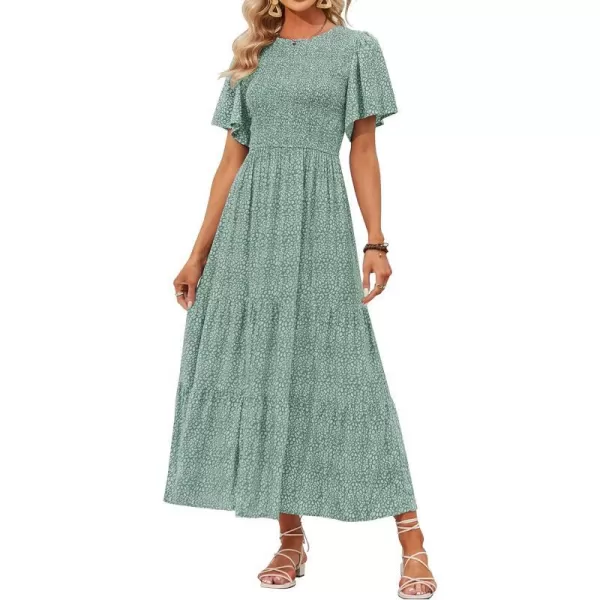 imageZESICA Womens 2023 Summer Casual Floral Print Short Flutter Sleeve Crew Neck Smocked High Waist Flowy Maxi DressSage