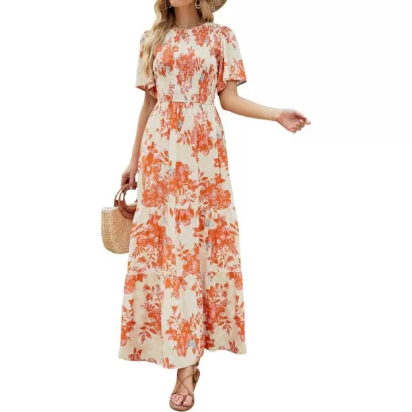 imageZESICA Womens 2023 Summer Casual Floral Print Short Flutter Sleeve Crew Neck Smocked High Waist Flowy Maxi DressTangerine