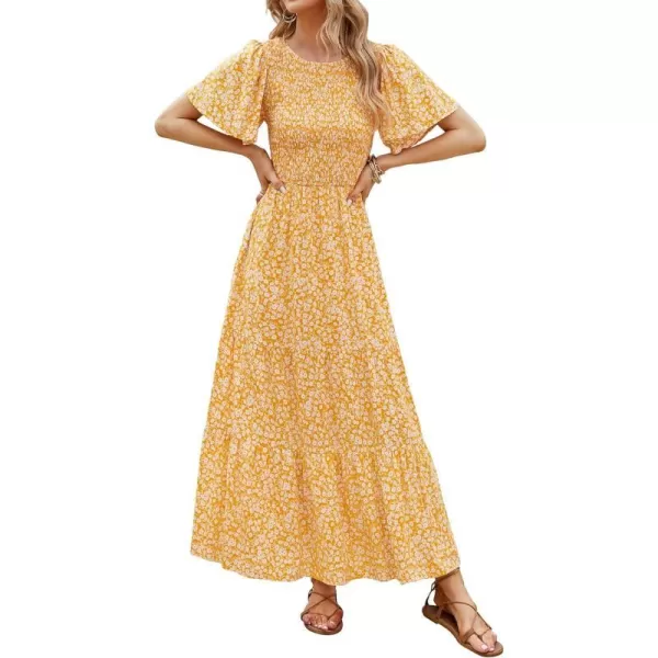 imageZESICA Womens 2023 Summer Casual Floral Print Short Flutter Sleeve Crew Neck Smocked High Waist Flowy Maxi DressYellow