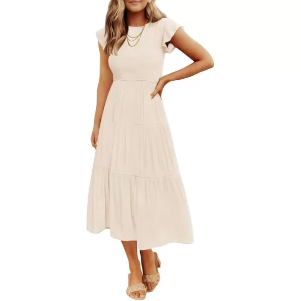 imageZESICA Womens 2023 Summer Casual Flutter Short Sleeve Crew Neck Smocked Elastic Waist Tiered Midi DressApricot