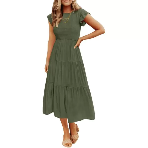 imageZESICA Womens 2023 Summer Casual Flutter Short Sleeve Crew Neck Smocked Elastic Waist Tiered Midi DressArmygreen