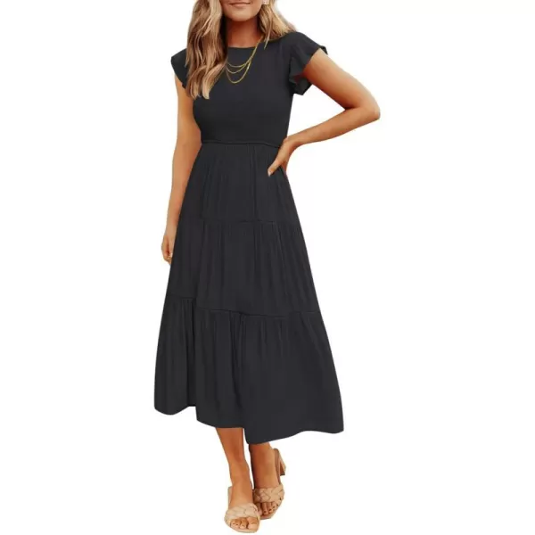imageZESICA Womens 2023 Summer Casual Flutter Short Sleeve Crew Neck Smocked Elastic Waist Tiered Midi DressBlack
