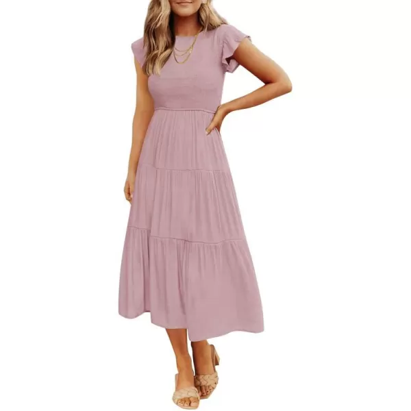 imageZESICA Womens 2023 Summer Casual Flutter Short Sleeve Crew Neck Smocked Elastic Waist Tiered Midi DressDarkpink