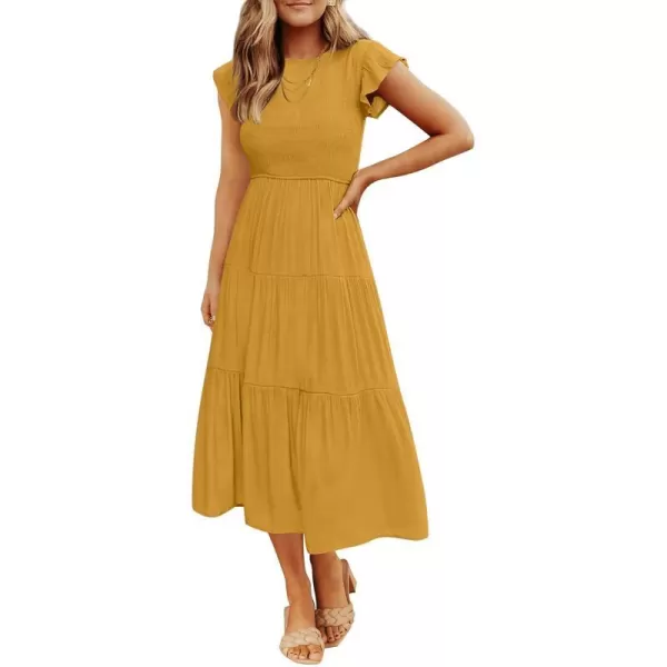 imageZESICA Womens 2023 Summer Casual Flutter Short Sleeve Crew Neck Smocked Elastic Waist Tiered Midi DressGinger