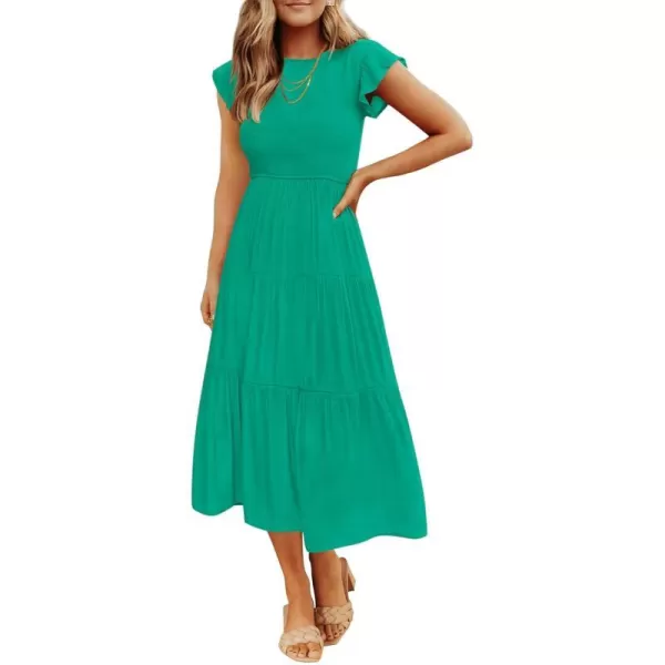 imageZESICA Womens 2023 Summer Casual Flutter Short Sleeve Crew Neck Smocked Elastic Waist Tiered Midi DressGreen