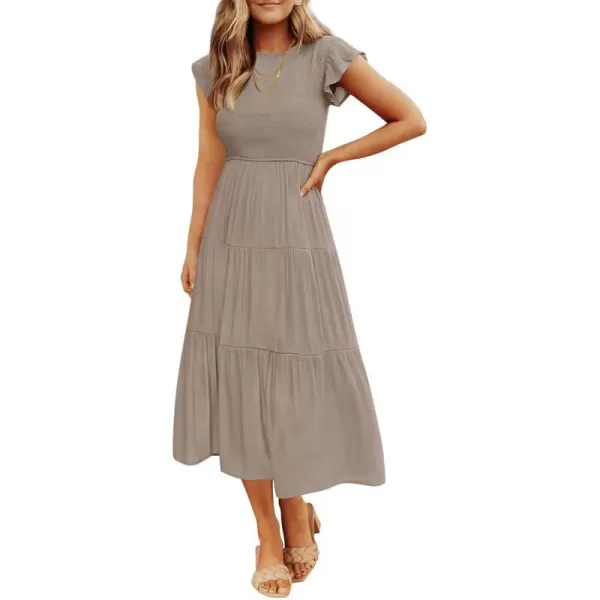 imageZESICA Womens 2023 Summer Casual Flutter Short Sleeve Crew Neck Smocked Elastic Waist Tiered Midi DressLightkhaki