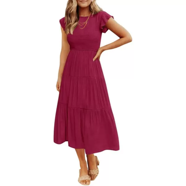 imageZESICA Womens 2023 Summer Casual Flutter Short Sleeve Crew Neck Smocked Elastic Waist Tiered Midi DressPlum