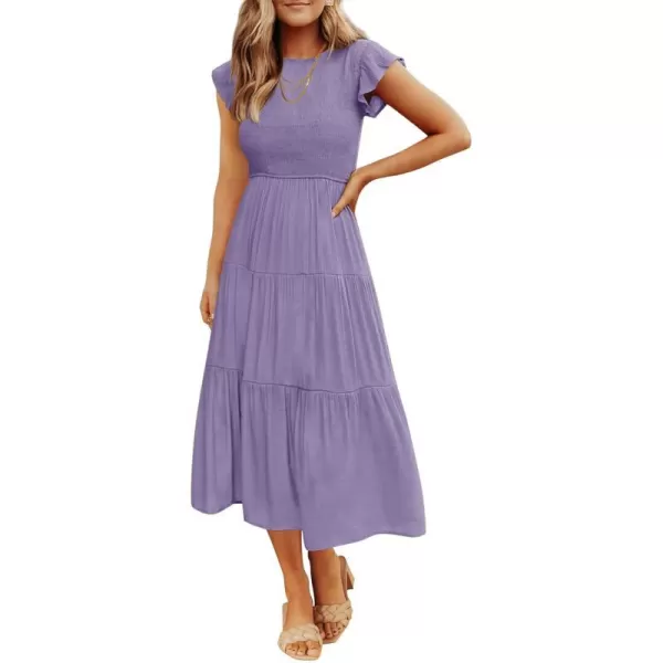 imageZESICA Womens 2023 Summer Casual Flutter Short Sleeve Crew Neck Smocked Elastic Waist Tiered Midi DressViolet