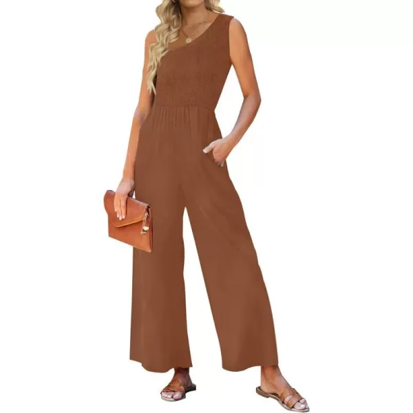 imageZESICA Womens 2023 Summer Casual One Shoulder Sleeveless Smocked High Waist Loose Wide Leg Jumpsuit Romper with PocketsCaramel