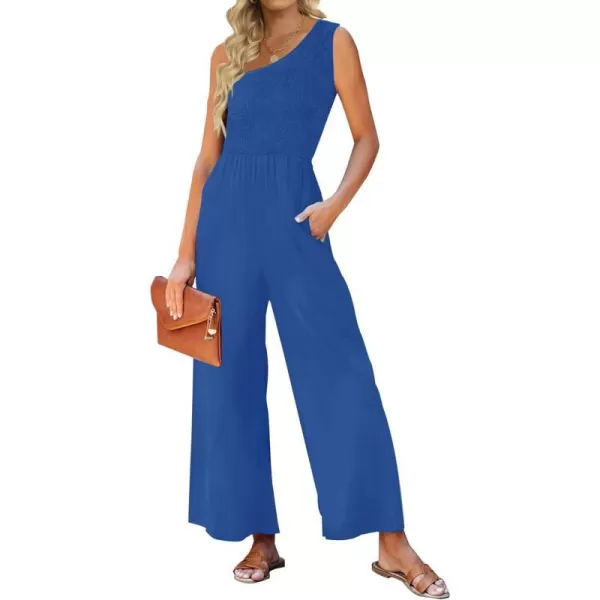 imageZESICA Womens 2023 Summer Casual One Shoulder Sleeveless Smocked High Waist Loose Wide Leg Jumpsuit Romper with PocketsRoyalblue
