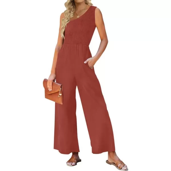 imageZESICA Womens 2023 Summer Casual One Shoulder Sleeveless Smocked High Waist Loose Wide Leg Jumpsuit Romper with PocketsRust