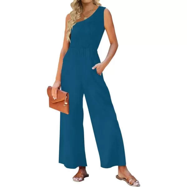 imageZESICA Womens 2023 Summer Casual One Shoulder Sleeveless Smocked High Waist Loose Wide Leg Jumpsuit Romper with PocketsTeal