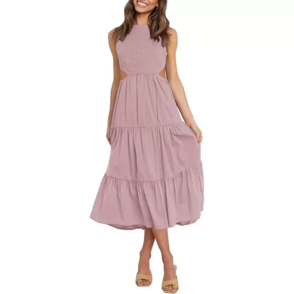 imageZESICA Womens 2023 Summer Casual Sleeveless Crew Neck Smocked High Waist Flowy Tiered A Line Midi DressCutoutpink