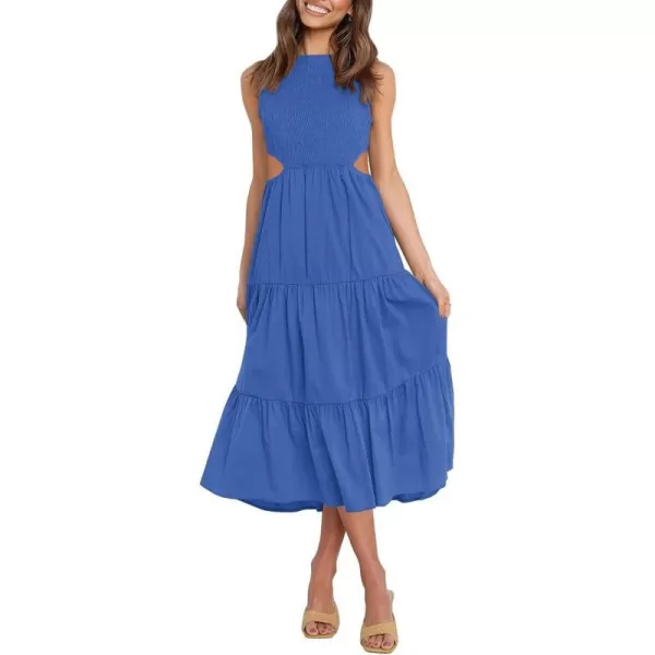imageZESICA Womens 2023 Summer Casual Sleeveless Crew Neck Smocked High Waist Flowy Tiered A Line Midi DressCutoutroyalblue