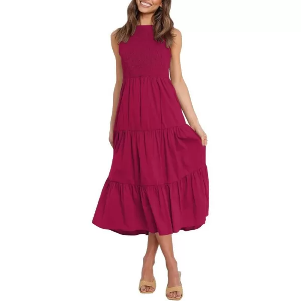 imageZESICA Womens 2023 Summer Casual Sleeveless Crew Neck Smocked High Waist Flowy Tiered A Line Midi DressPlum