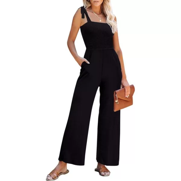 imageZESICA Womens 2023 Summer Casual Spaghetti Strap Smocked High Waist Wide Leg Jumpsuit RomperAllblack