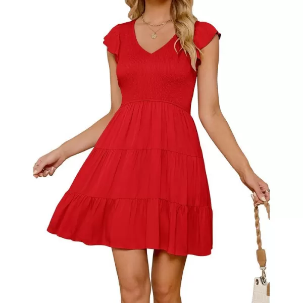 imageZESICA Womens 2023 Summer Casual V Neck Flutter Sleeve Bohemian Ruffle Smocked A Line Swing Mini DressRed