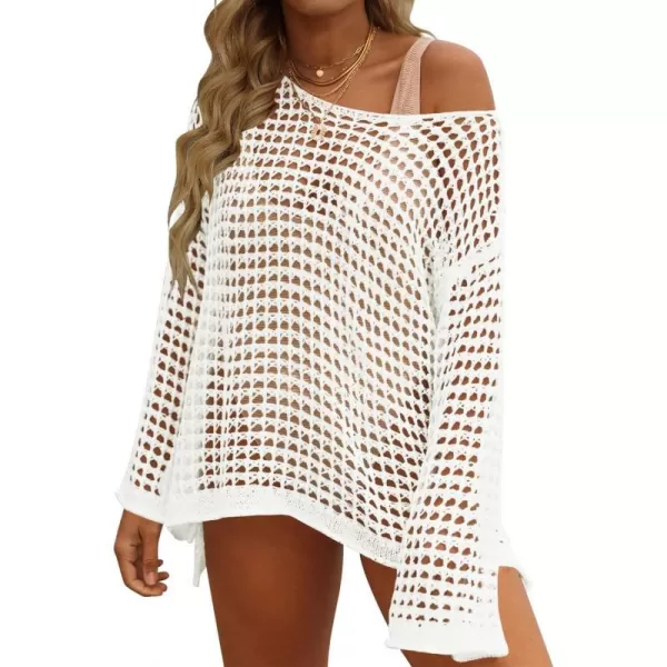 imageZESICA Womens 2023 Summer Crochet Hollow Out Long Sleeve Beach Bikini Swimsuit Mesh Cover Up Tunic TopApricot