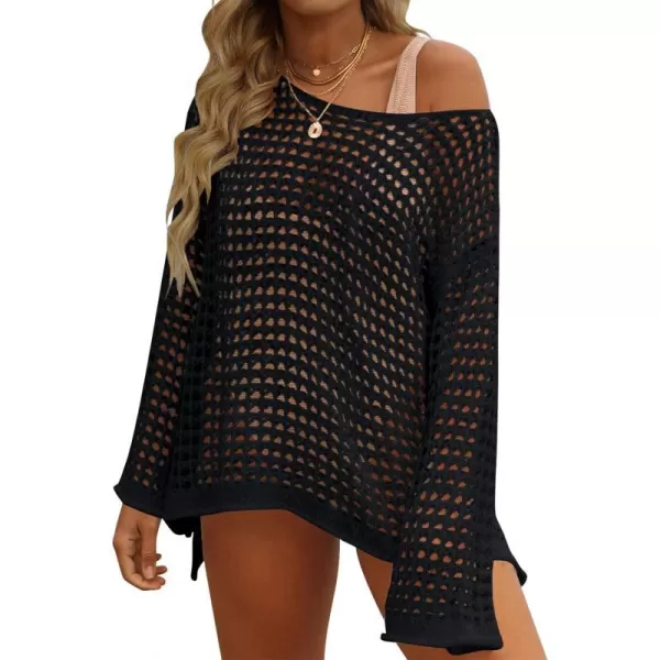 imageZESICA Womens 2023 Summer Crochet Hollow Out Long Sleeve Beach Bikini Swimsuit Mesh Cover Up Tunic TopBlack