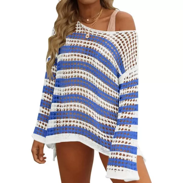 ZESICA Women's 2023 Summer Crochet Hollow Out Long Sleeve Beach Bikini Swimsuit Mesh Cover Up Tunic Top