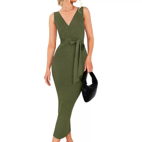 imageZESICA Womens 2023 Summer Knitted Bodycon Midi Dress Elegant Wrap V Neck Sleeveless Tie Waist Sweater DressesArmygreen
