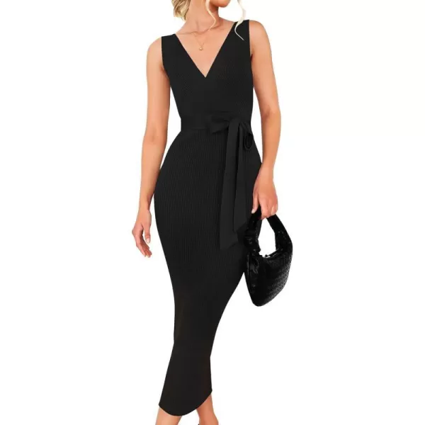 imageZESICA Womens 2023 Summer Knitted Bodycon Midi Dress Elegant Wrap V Neck Sleeveless Tie Waist Sweater DressesBlack