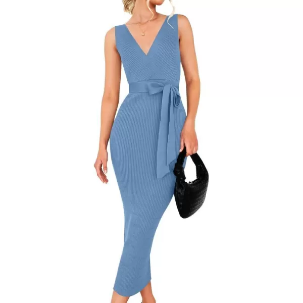 imageZESICA Womens 2023 Summer Knitted Bodycon Midi Dress Elegant Wrap V Neck Sleeveless Tie Waist Sweater DressesBlue