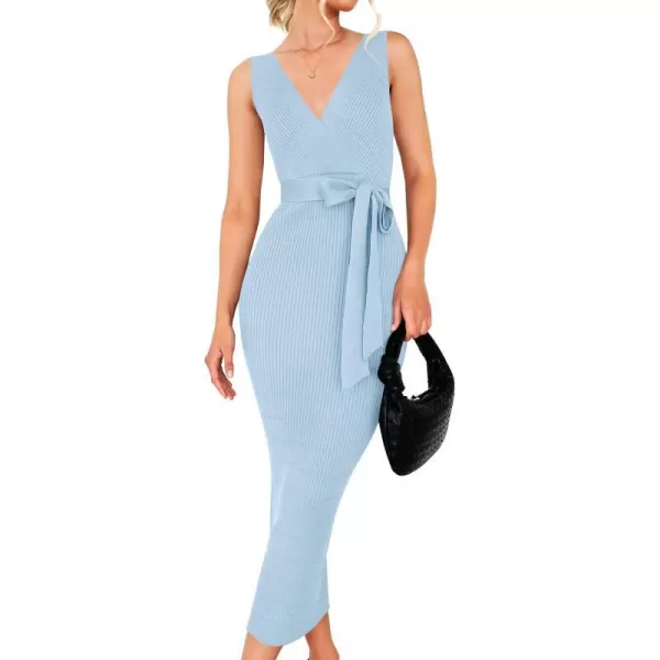 imageZESICA Womens 2023 Summer Knitted Bodycon Midi Dress Elegant Wrap V Neck Sleeveless Tie Waist Sweater DressesLightblue