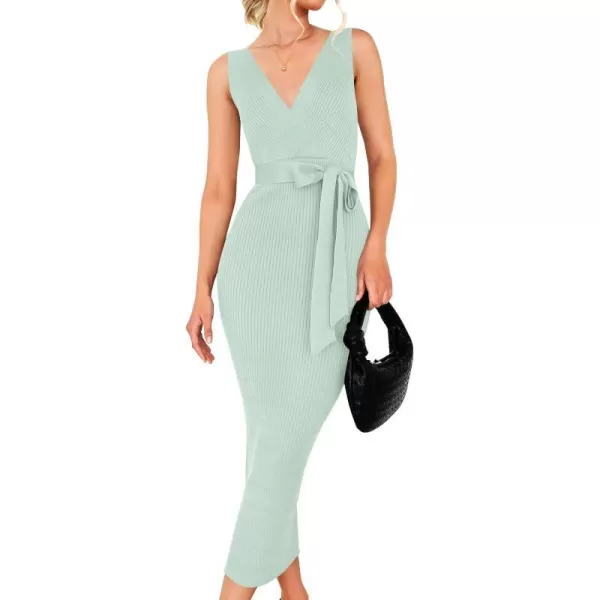 imageZESICA Womens 2023 Summer Knitted Bodycon Midi Dress Elegant Wrap V Neck Sleeveless Tie Waist Sweater DressesLightgreen