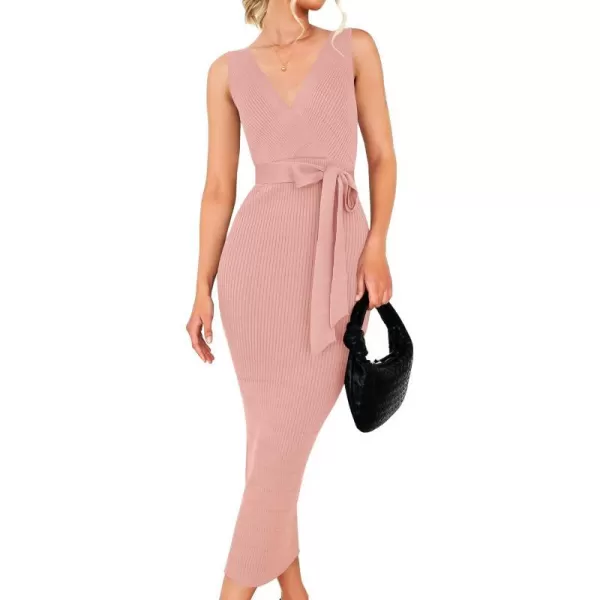 imageZESICA Womens 2023 Summer Knitted Bodycon Midi Dress Elegant Wrap V Neck Sleeveless Tie Waist Sweater DressesPink