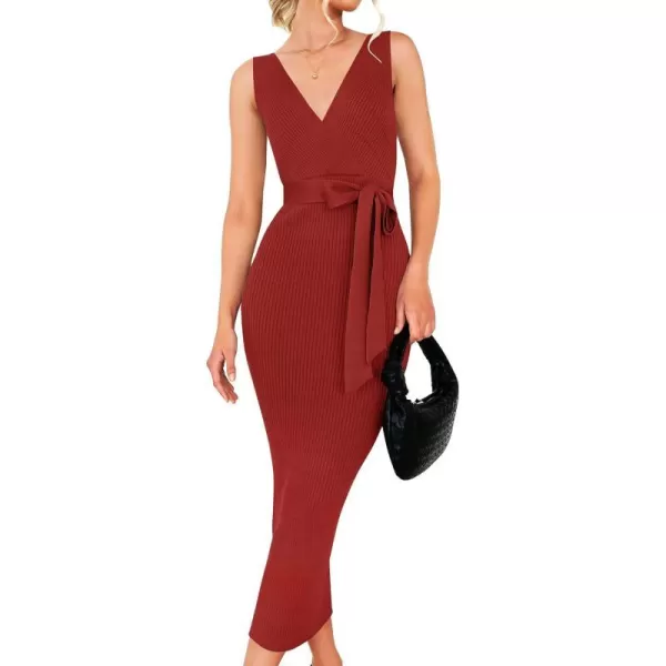 imageZESICA Womens 2023 Summer Knitted Bodycon Midi Dress Elegant Wrap V Neck Sleeveless Tie Waist Sweater DressesRed