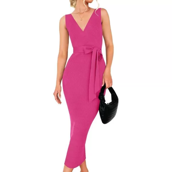 imageZESICA Womens 2023 Summer Knitted Bodycon Midi Dress Elegant Wrap V Neck Sleeveless Tie Waist Sweater DressesRose