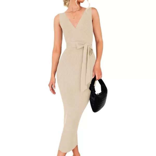 imageZESICA Womens 2023 Summer Knitted Bodycon Midi Dress Elegant Wrap V Neck Sleeveless Tie Waist Sweater DressesSand