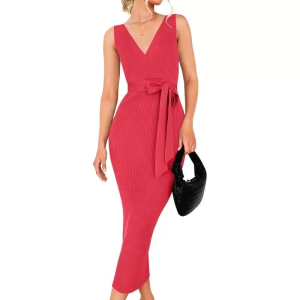 imageZESICA Womens 2023 Summer Knitted Bodycon Midi Dress Elegant Wrap V Neck Sleeveless Tie Waist Sweater DressesWatermelon
