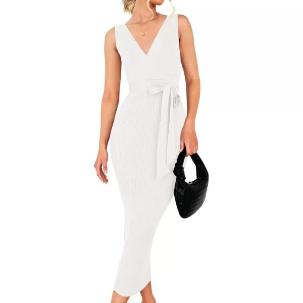 imageZESICA Womens 2023 Summer Knitted Bodycon Midi Dress Elegant Wrap V Neck Sleeveless Tie Waist Sweater DressesWhite