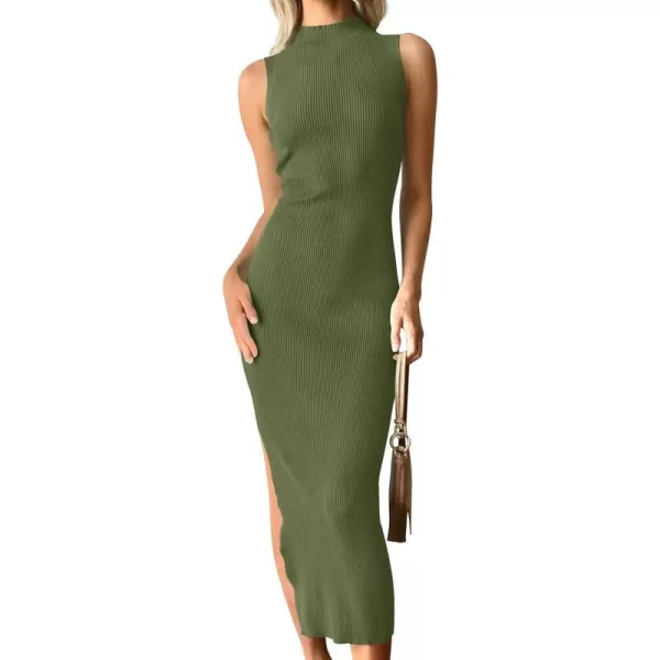 imageZESICA Womens 2023 Summer Knitted Sweater Dress Sleeveless Mock Neck Ribbed Side Slit Bodycon Tank Midi DressesArmygreen