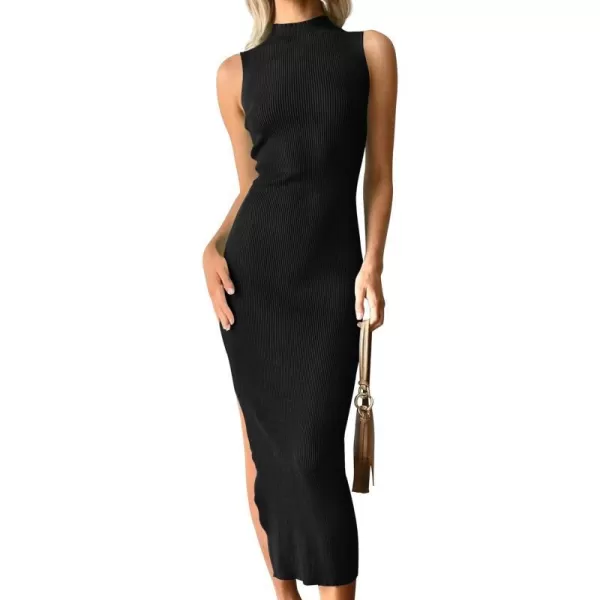 imageZESICA Womens 2023 Summer Knitted Sweater Dress Sleeveless Mock Neck Ribbed Side Slit Bodycon Tank Midi DressesBlack