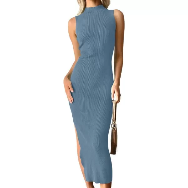 imageZESICA Womens 2023 Summer Knitted Sweater Dress Sleeveless Mock Neck Ribbed Side Slit Bodycon Tank Midi DressesDustyblue