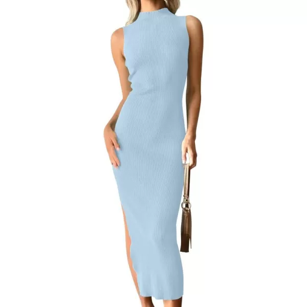 imageZESICA Womens 2023 Summer Knitted Sweater Dress Sleeveless Mock Neck Ribbed Side Slit Bodycon Tank Midi DressesLightblue