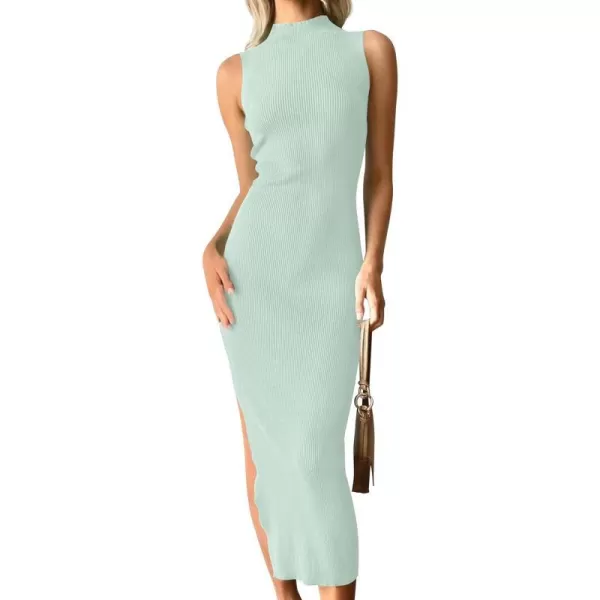 imageZESICA Womens 2023 Summer Knitted Sweater Dress Sleeveless Mock Neck Ribbed Side Slit Bodycon Tank Midi DressesLightgreen
