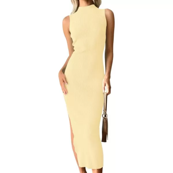 imageZESICA Womens 2023 Summer Knitted Sweater Dress Sleeveless Mock Neck Ribbed Side Slit Bodycon Tank Midi DressesLightyellow