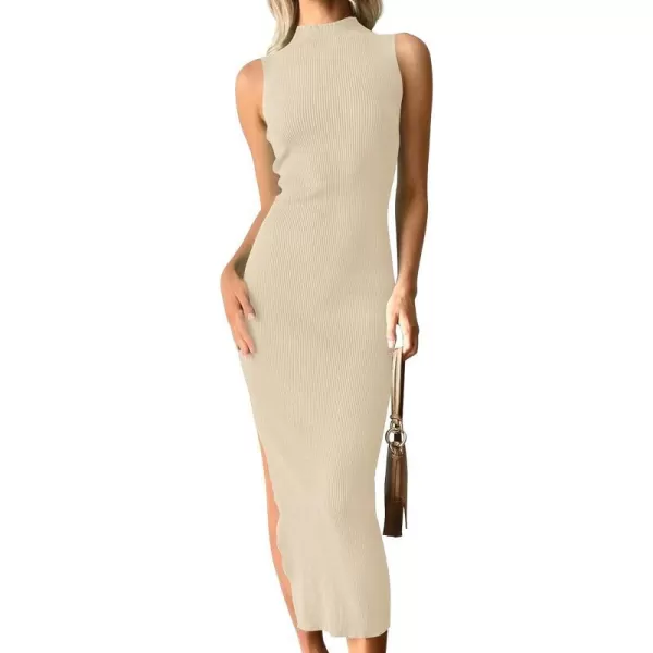 imageZESICA Womens 2023 Summer Knitted Sweater Dress Sleeveless Mock Neck Ribbed Side Slit Bodycon Tank Midi DressesSand