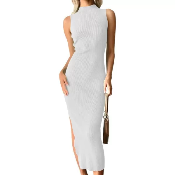 imageZESICA Womens 2023 Summer Knitted Sweater Dress Sleeveless Mock Neck Ribbed Side Slit Bodycon Tank Midi DressesWhite