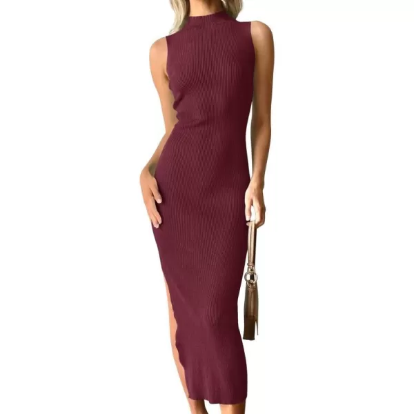 imageZESICA Womens 2023 Summer Knitted Sweater Dress Sleeveless Mock Neck Ribbed Side Slit Bodycon Tank Midi DressesWine