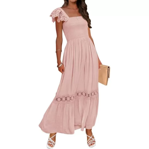 imageZESICA Womens 2023 Summer Lace Strap Sleeveless Square Neck Smocked High Waist Ruffle Hollow Out Flowy A Line Maxi DressPink