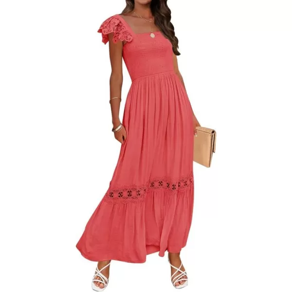 imageZESICA Womens 2023 Summer Lace Strap Sleeveless Square Neck Smocked High Waist Ruffle Hollow Out Flowy A Line Maxi DressWatermelon
