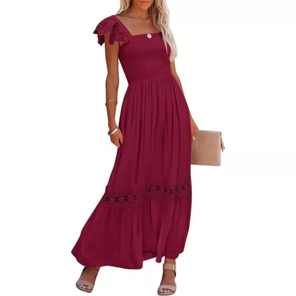 imageZESICA Womens 2023 Summer Lace Strap Sleeveless Square Neck Smocked High Waist Ruffle Hollow Out Flowy A Line Maxi DressWine