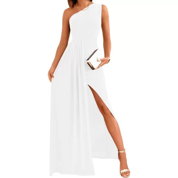 imageZESICA Womens 2023 Summer One Shoulder Long Dress Sleeveless Wrap Ruched High Split Cocktail Wedding Party Maxi DressesIvory