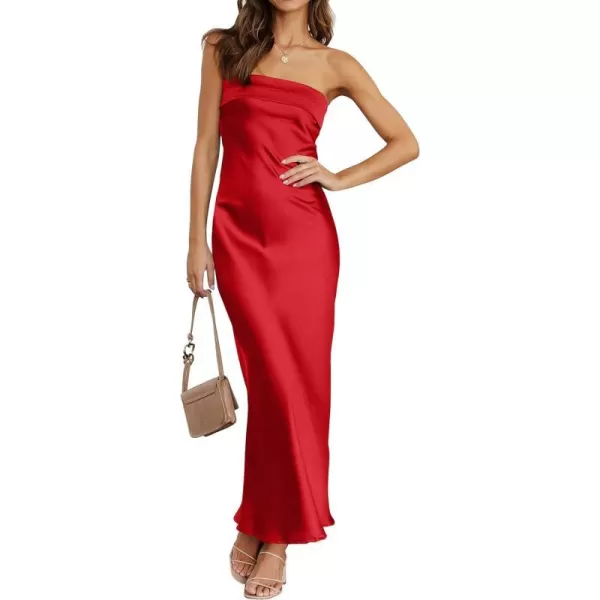 imageZESICA Womens 2023 Summer Satin Strapless Dress Sexy Backless Bodycon Wedding Cocktail Party Maxi DressesRed