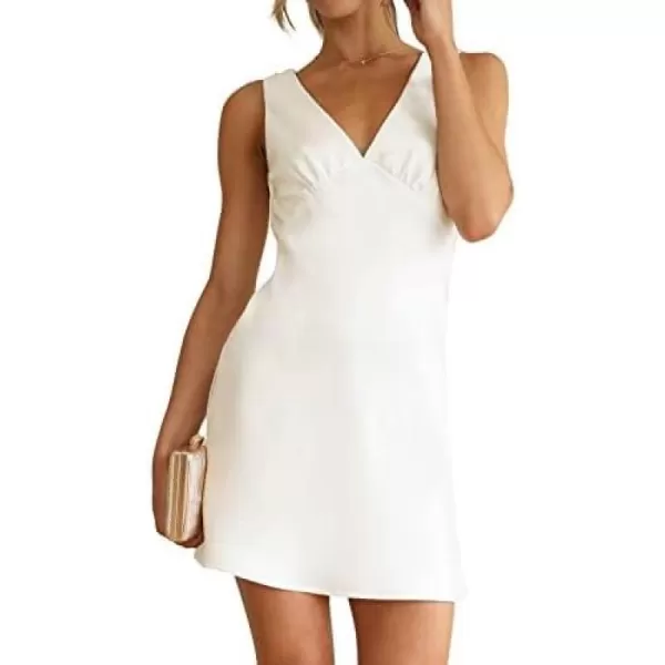 imageZESICA Womens 2023 Summer Satin V Neck Sleeveless Backless Tie Waist Silky Cocktail Club Party Mini DressWhite